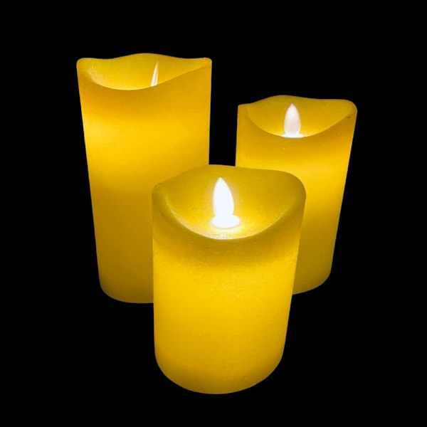 LED blockljus - rustikt - 3 st. - 10/12,5/15 cm - med 3D-låga - (flera färger) Mörkgrön