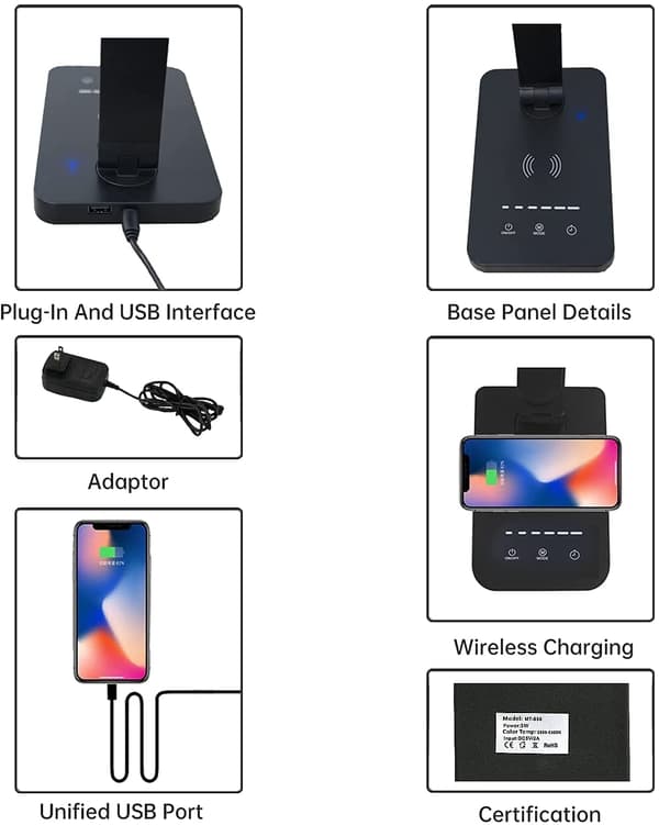 LED-bordlampe/Foldelampe med timer & trådløs oplader