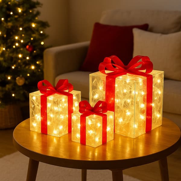 LED-presentlåda, Transparent med Röda Rosetter - Set om 3 -