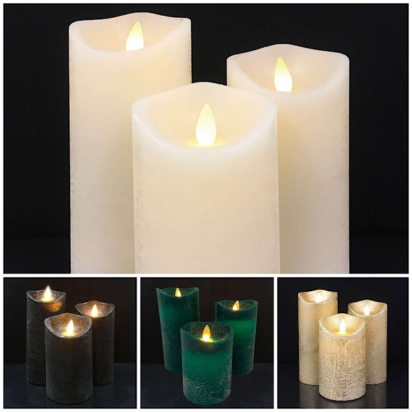 LED blockljus - rustikt - 3 st. - 10/12,5/15 cm - med 3D-låga - (flera färger) grå