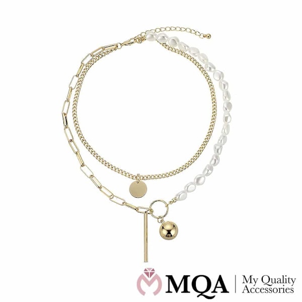 Halsband dubbel, guldfärgad, pärlor, boll &amp; mynthänge, justerbar