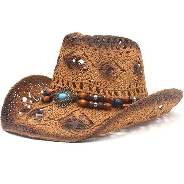 Hullet ut strå cowboyhatter  Sommer strand cowboyhatt kvinner vestlig solhatt knusbar Boho strå cowboyhatt Brown