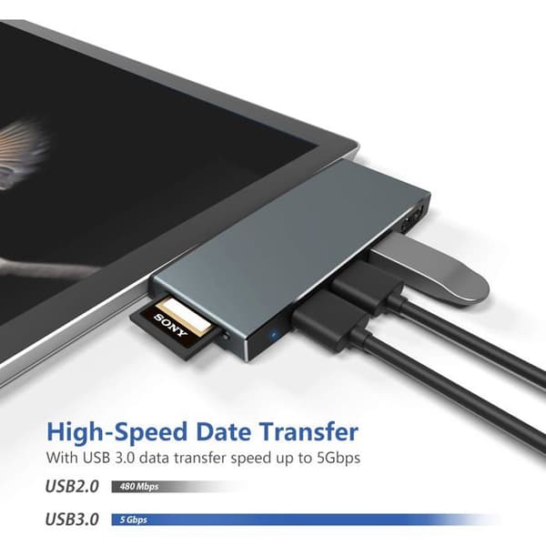 Dokkingstasjon for Surface Pro 4/Pro 5/Pro 6 med 4K HDMI-port + 3 USB 3.0-porter + SD/TF (Micro SD) kortleseradapter