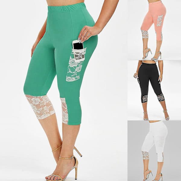 Kvinnor Smala Capri Byxor Spets Stitching Leggings Elastiska Yogabyxor Svart Black 3XL