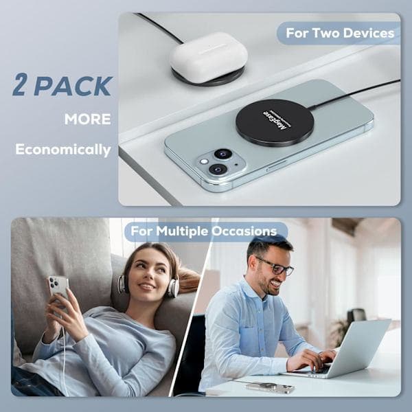 2-pak trådløs oplader til iPhone 15W, kompatibel med MagSafe til iPhone, til iPhone 16/15/14/13/12-serien, Airpods 3/2/Pro 2