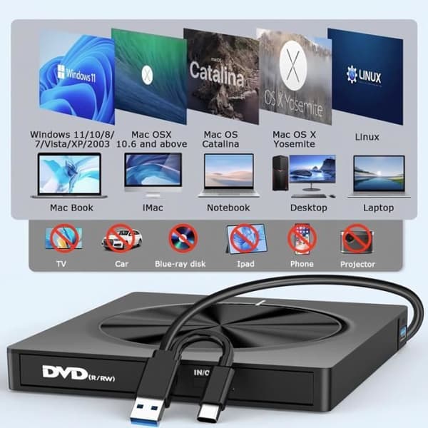 Eksternt CD/DVD-drev til PC, USB 3.0 og USB-C ekstern DVD-brænder med 4 USB-porte og SD/TF-kortplads, til Windows/MacOS/bærbar/stationær