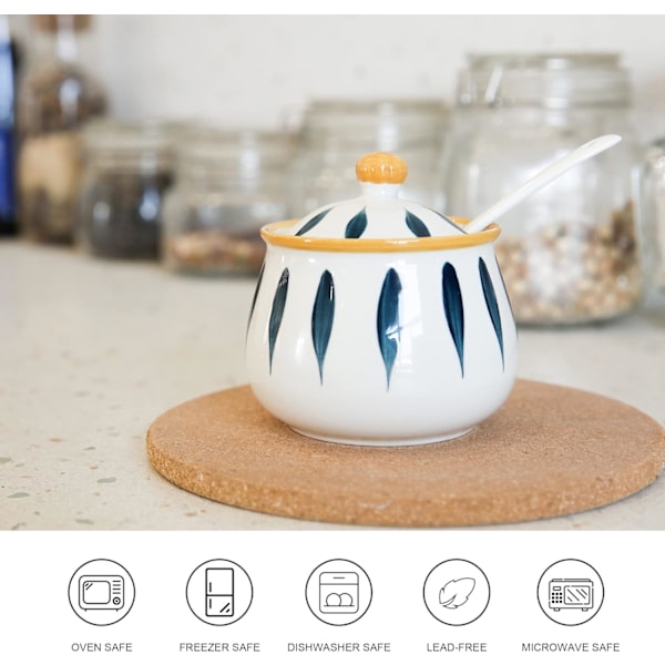 Porcelænssukkerbeholder med låg og ske, keramisk sukkerbeholder til køkken og hjem, landlige sukkerskåle til kaffebar