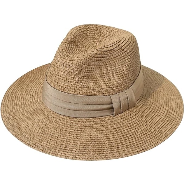 Hatt i strå for kvinner, Panama-hatt, Fedora, Strandhatt, Bredbremmet, Rullbar, UPF 50+ Band Khaki