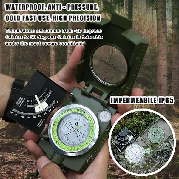 Vaellusnavigointi Sotilaslaatuinen Vedenpitävä Prismakompassi Ulkoilukäyttöön Retkeilyyn Laukun, Etäisyyslaskurin ja Kaltevuusmittarin Kera