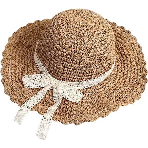 Kvinnor Barn Flickor Rosett Halm Solhattar Solskydd Rulla Upp Floppy Hat Fiske Semester Resa Strandhatt Coffee
