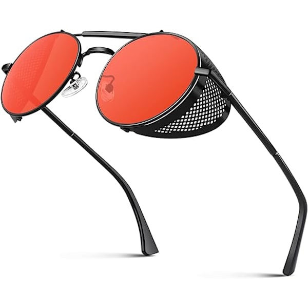Polariserade solglasögon för kvinnor män Steampunk Retro Rund Unisex Glasögon(Svart ram, rött glas)