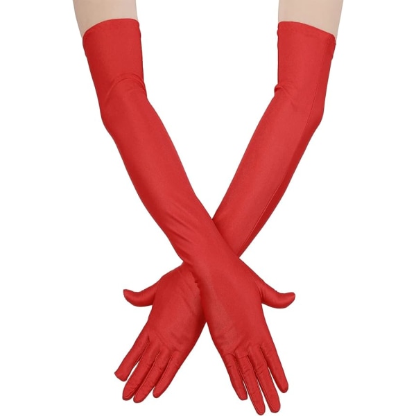 Långa satängfingerhandskar damer Opera Bruddanshandskar Party Stretchhandskar (röda)