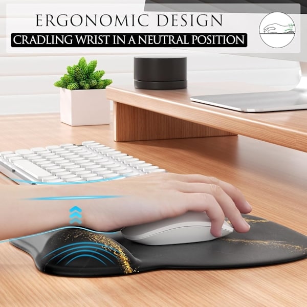 Ergonomisk musemåtte med håndledsstøtte i memoryskum, komfortabel computermusemåtte til bærbar computer, smertelindrende håndledsstøtte sort guld Black Gold