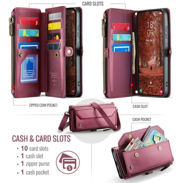 Samsung Galaxy S26 5G Fodral med Kortplats, Blixtlåsplånbok, RFID Skyddande Läder Röd
