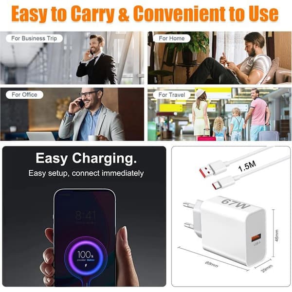 67W USB-C Snabbladdare - SYSSEN - Turboladdning - 1,5M USB-C-kabel - Vit - Multi-säkerhetsskydd
