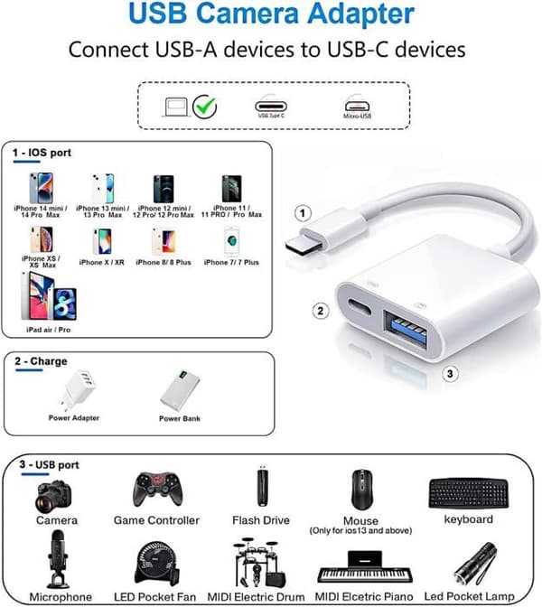 Lightning til USB 3.0-adapter med hurtigopladningsport, USB-adapter til iPhone og iPad, OTG-kameraadapter til USB-flashdrev