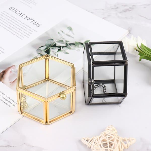 Geometrisk Smyckeskrin i Glas Smyckesorganisatör Ringbox Guld one size