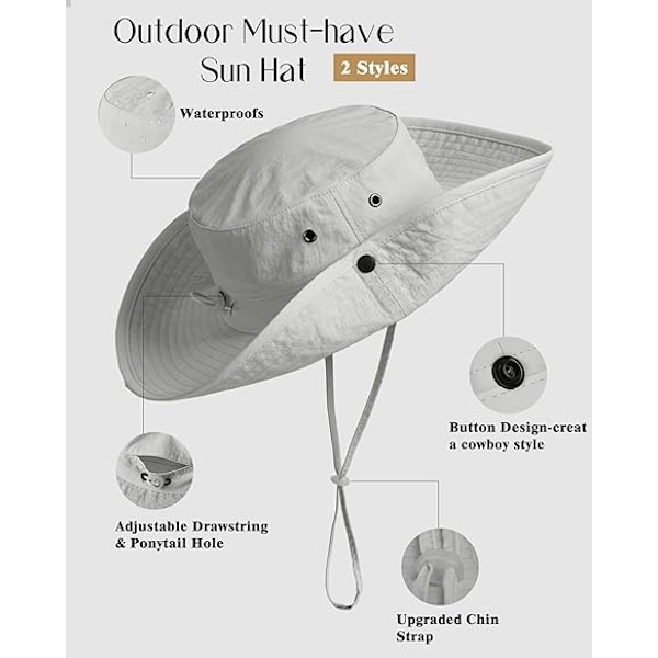 Unisex Solhat til Kvinder Mænd UV Beskyttelse Sommer Bred Skygge Pakkelig Vandring Fiskeri Cowboy Hat Grey