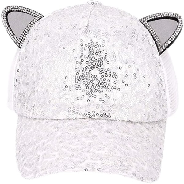 Flickor Pojkar Sparkle Paljetter Baseball Cap Katt Öra Topp Justerbar Solhatt White