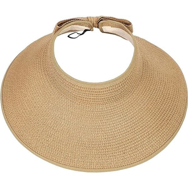 Dame Strand Solhatt av Halm med Hestehalehull Bred Bremm Sommer Visor Foldbar Solhatt Solbeskyttelse Pakkbar for Reise Basseng Khaki