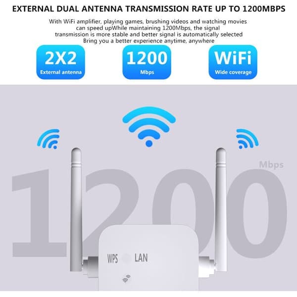 5G + 2.4G 1200Mbps Trådløs WiFi Repeater Dobbelte Antenner Signalforstærker Lang Rækkevidde Forlænger.