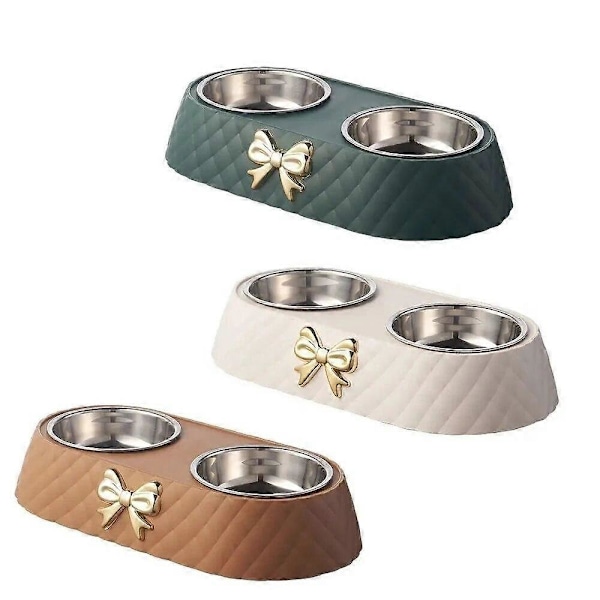Kæledyrsartikler Bowknot Katte Foderskål PP Base Hundeskål Rustfrit Stål Dobbelt Skål Kæledyrstilbehør Fodring Drikkeskål white