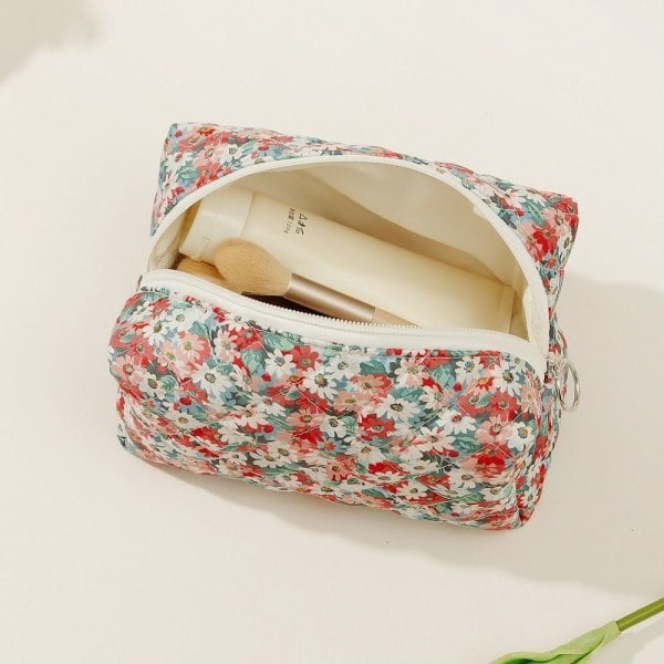 Blomstermønstret Puffy Quilted Makeup Bag Stor Reise Kosmetikkveske RØD RØD RED