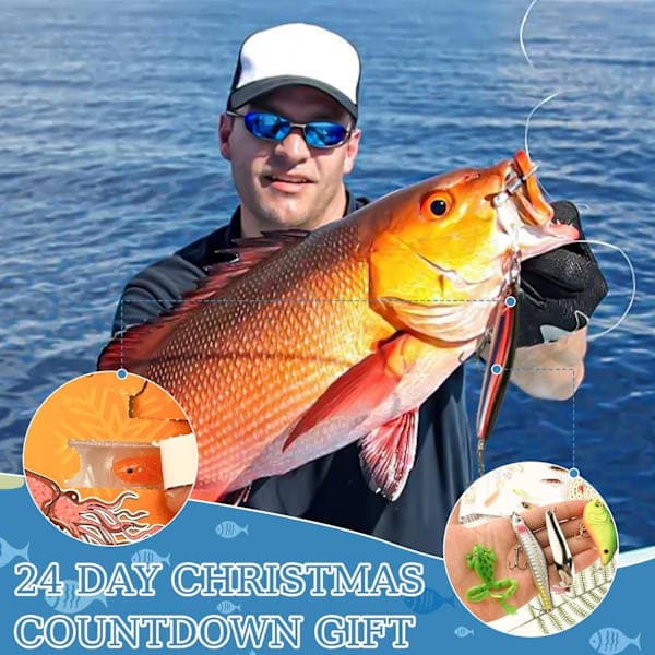 Fiskekalender 2025, 24-dagers nedtelling med fiskesluk/tilbehørssett (voksne)