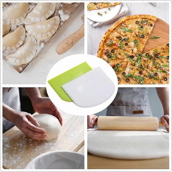 Deigskrape, pizzakutter i plast, multifunksjonelt kjøkkenredskap, grønn og hvit.