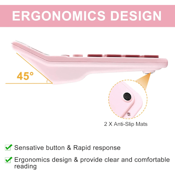 Pöytälaskin, 12-numeroinen kaksoisaurinkokennoakkuinen laskin, jossa suuri LCD-näyttö, toimistolaskin, jossa suuret painikkeet, vakiomallinen pöytälaskin PINK
