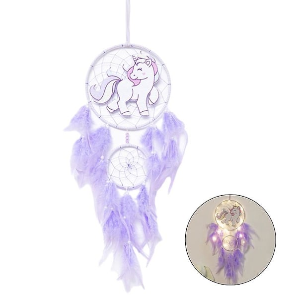 Dinosaur Drømmefanger Ornament Barn Faux LED Lys Fjær Drømmefanger Håndlaget Hjem Decor Fødselsdag Purple With Light