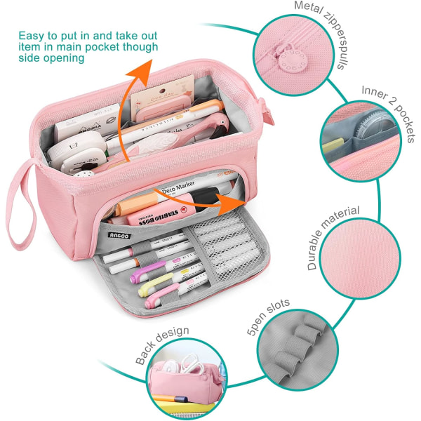 Suuri kynäkotelo, erittäin suuri kynäkotelo, sileä ja kestävä vetoketju, koulukynäkotelo, paperitavaroiden säilytyslaatikko, kestävä, sopii tytöille ja pojille Pink