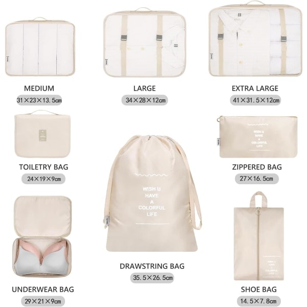 8-delade packningskuber, klädpåsar, arrangör för semester och resor Beige