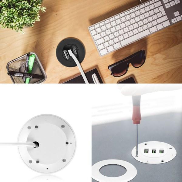 3-port USB-skrivebordsoplader - Skrivebordsopladningsstation monteres på 2,0\"/50mm gennemhullet med adapter og 1,5m strøm White