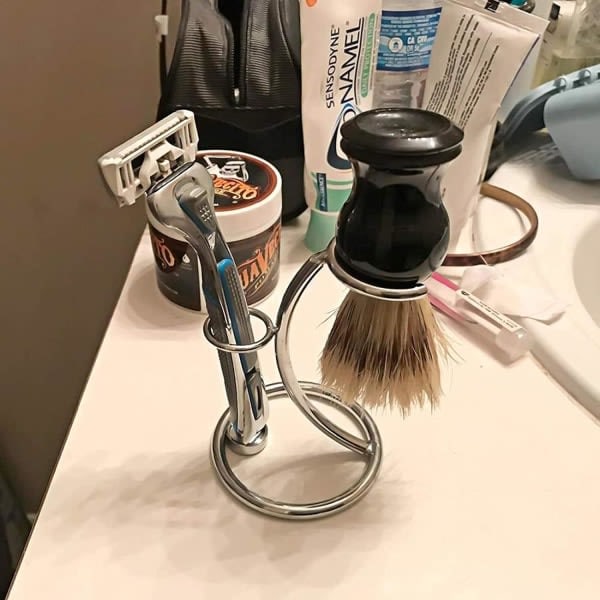Bærbar barbermaskine og børsteholder, rustfrit stål barberstand til mænd (sølv)