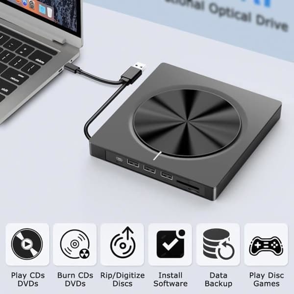 Eksternt CD/DVD-drev til PC, USB 3.0 og USB-C ekstern DVD-brænder med 4 USB-porte og SD/TF-kortplads, til Windows/MacOS/bærbar/stationær