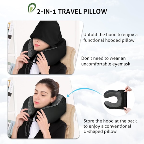 Reisepute for nakke minneskum, hette reise nakkepute for voksne, komfortabel nakkepute for reise med hettegenser Pure black
