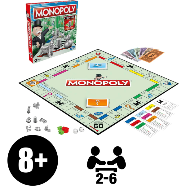 Monopol-brætspil, familiespil for voksne og børn, 2 til 6 spillere, strategisjov for børn, for 8 år og opefter