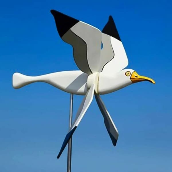 Hagehjul i resin, hvit måke, spinnende vinger, vindfløy, 3D vindspinner, plenpynt