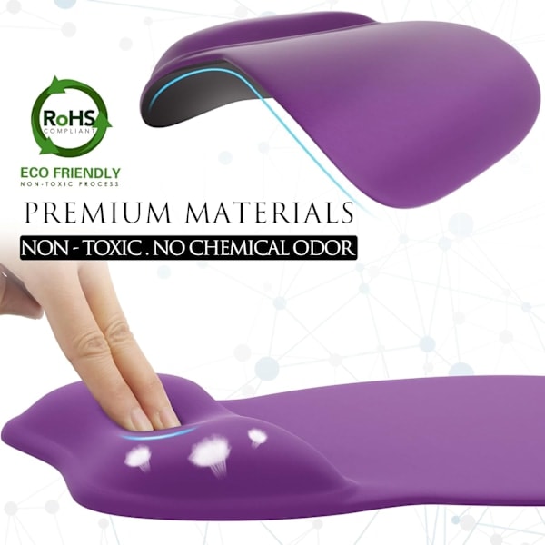 Ergonomisk musmatta med handledsstöd i memory foam, bekväm datormusmatta för bärbar dator, smärtlindrande handledsstöd, ren lila Pure Purple