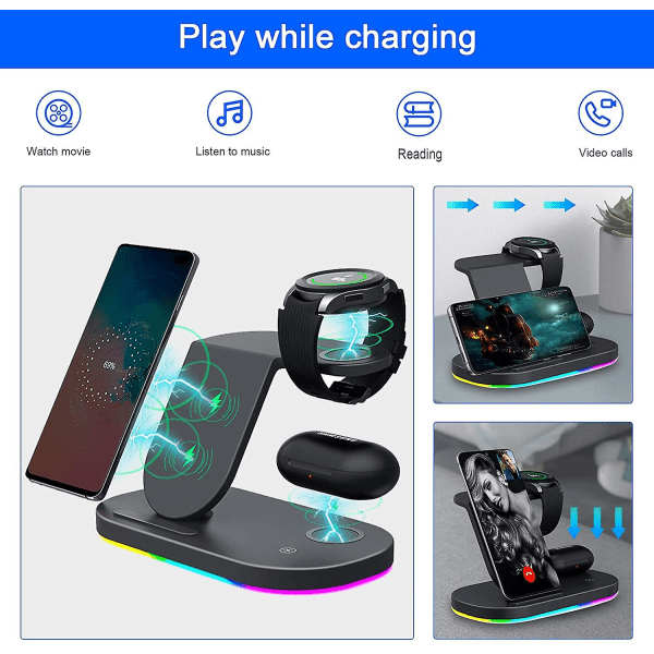 3 i 1 Android Trådløs Lader Kompatibel med Samsung Enheter, Laderdokk Kompatibel med Galaxy S22/s22+/s22 Ultra