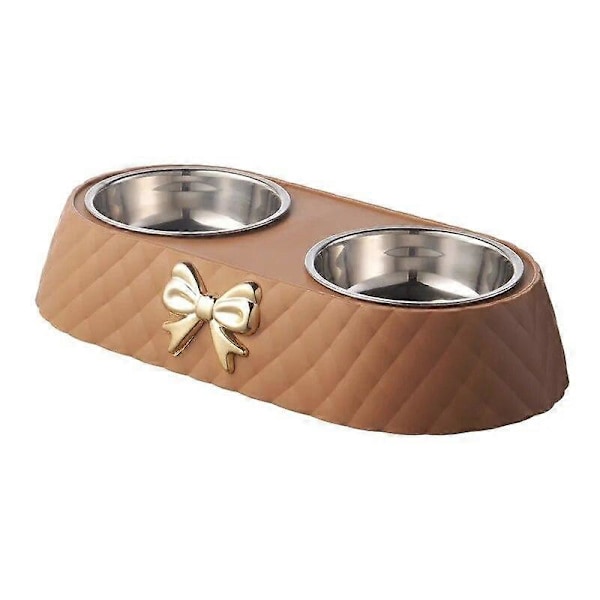 Kæledyrsartikler Bowknot Katte Foderskål PP Base Hundeskål Rustfrit Stål Dobbelt Skål Kæledyrstilbehør Fodring Drikkeskål brown