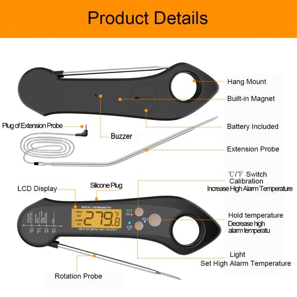 1 stk. Dual Probe Kødtermometer med Rustfri Stålprober & Digital LCD-skærm - Hurtig Aflæsning, 3-Sekunders Respons, Baggrundsbelysning, Alarm