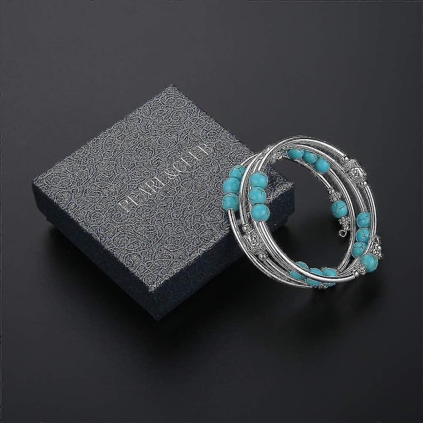 Rask levering Beaded Chakra Bangle Turkis Armbånd - Mote smykker Wrap armbånd med tykt sølv metall og mala perler, bursdagsgaver til kvinner