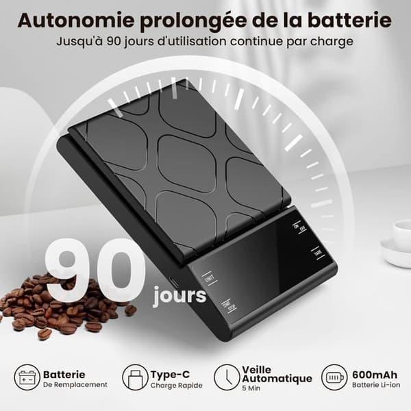 Kaffevåg med timer, uppladdningsbar digital köksvåg, 5 kg/0,1 g precisionsvåg för espresso