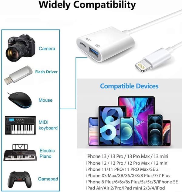 Apple Lightning til USB-kameraadapter med opladningsport, USB 3.0 OTG-kabel til iPhone/iPad for tilslutning af
