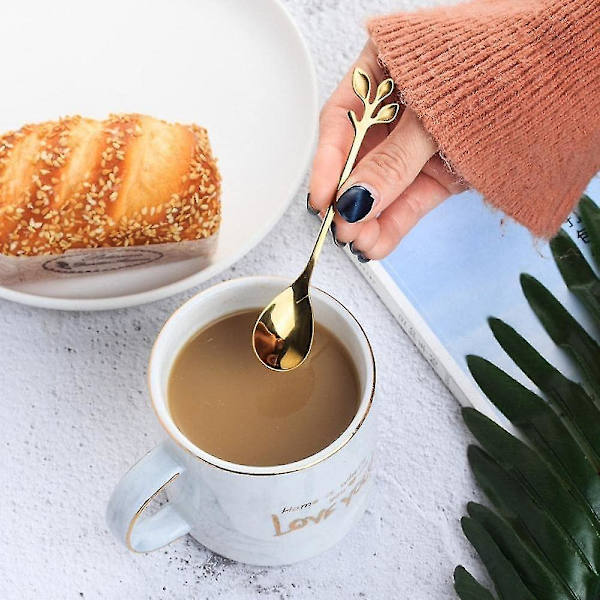 Små kaffeskeer søde guld blad form mini rustfrit stål espresso skeer til dessert teskeer omrøring blanding ske (gylden) (6stk)