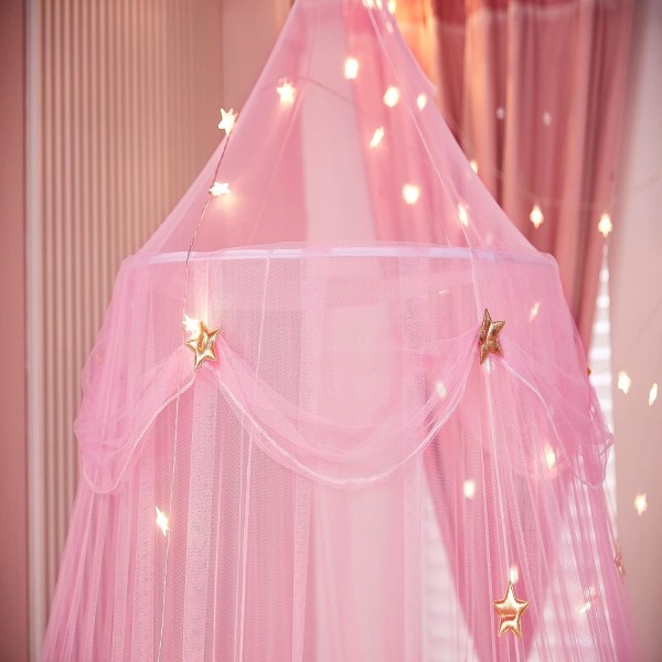Sänghimmel för prinsessa, stjärnljus sänggardin, stjärnsänghimmel, myggnät, lekstuga, vit kupol sänghimmel, sovrumsdekoration pink