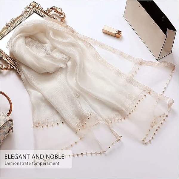 Sjal Chiffon Sjal Dame  Perlesjal Mote Silke Sømmer Tulle Design Lang Sjal Sjal Wrap Solbeskyttelse,Beige