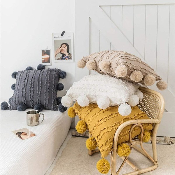 Dekorativt firkantet putetrekk i bomullslin med dusk, bohemsk stripet jacquard putetrekk for sofa, seng (aprikos, 45x45 cm)
